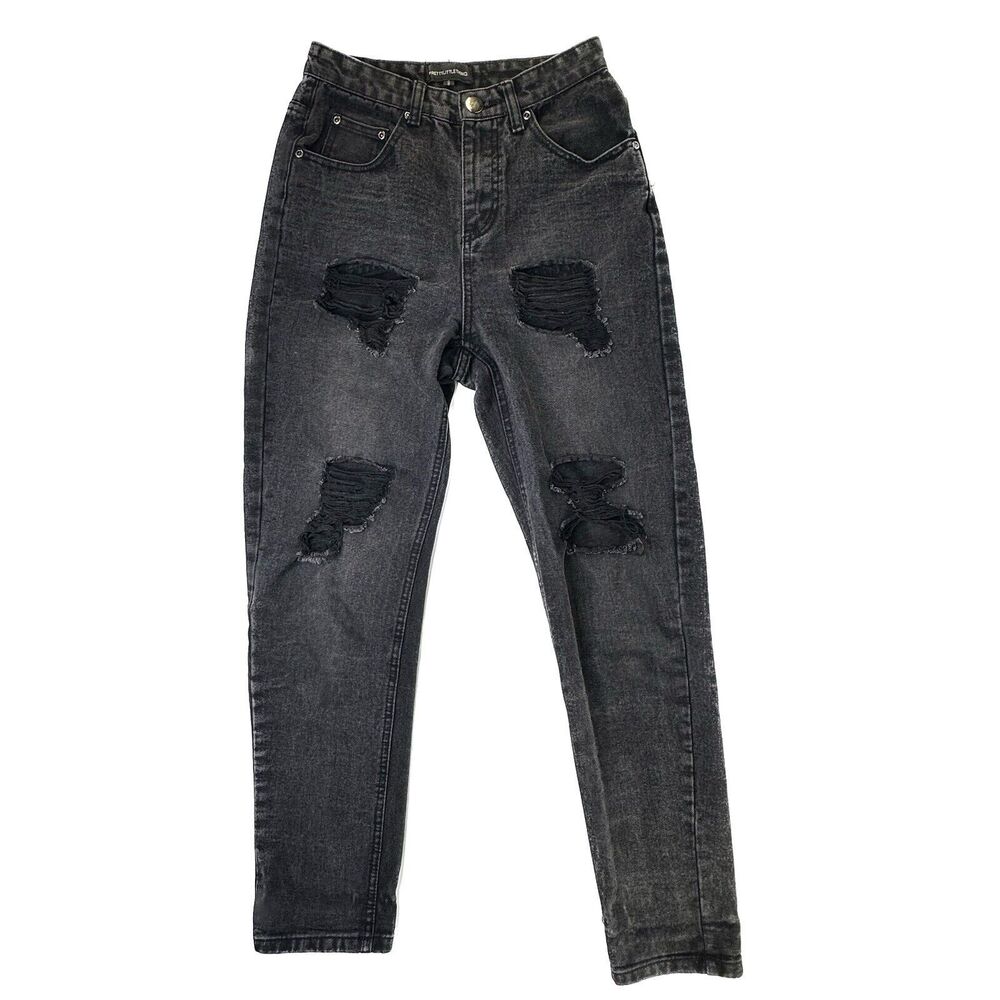 Pretty Little Thing Mom Jeans Womens Size‎ US 4 Distressed Black High Rise Faded
